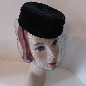 Vintage Pill Box Hat Black Coiled Velvet